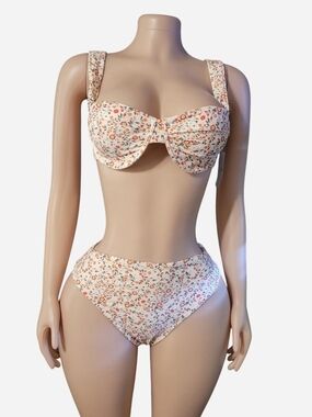 Forever 21 Cream Floral Underwire Bikini with Orange Accents